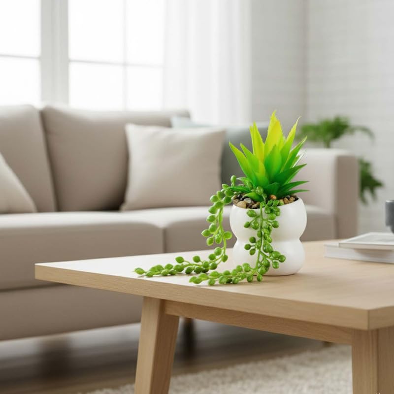 Go Hooked Artificial Plant with Plastic Pot 17cm | Decorative Succulent with Hanging Vine & Pebbles | Indoor Tabletop Plant for Home Décor, Office Desk, Living Room, Bedroom & Reception - Image 4