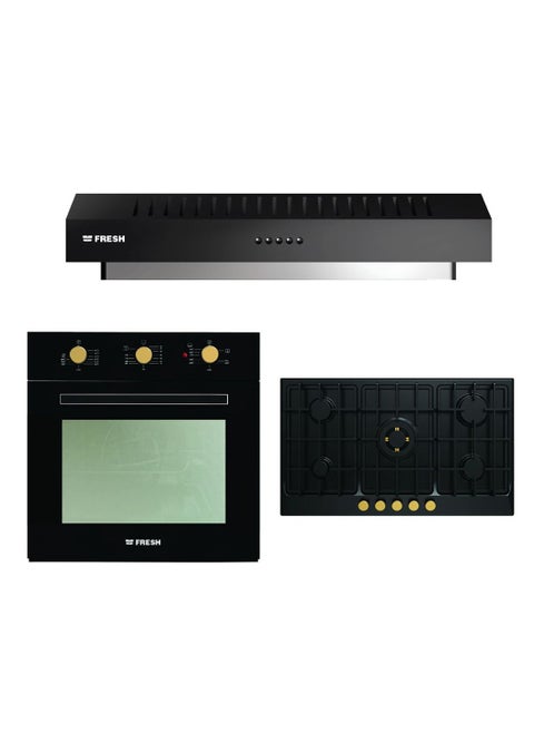Set of Fresh Built-in Gas Hob, 5 Burners, 90 cm, Black - HAFR90CMBC1/BR, with Built-in Gas Oven, 60 cm, 56 L, Black - GEOFR60CMBG, with Built-in Hood, 90 cm, Black - Classic 90 - BL