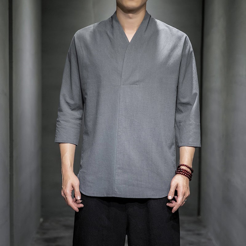 Summer 2023 Chinese Style Men's Cotton and Linen Seven-sleeve Short-sleeve T-shirt Japanese Style Casual Retro Large Size Solid Color T-shirt for Men - Image 1
