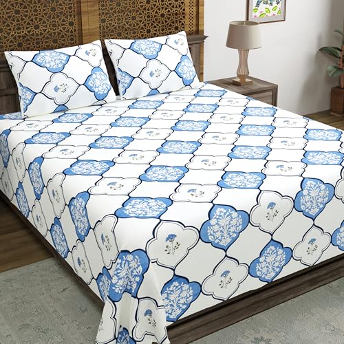 BLOCKS OF INDIA Hand Block Printed 200 TC Cotton King Size Bedsheet | MUGHAL Blue - Image 1