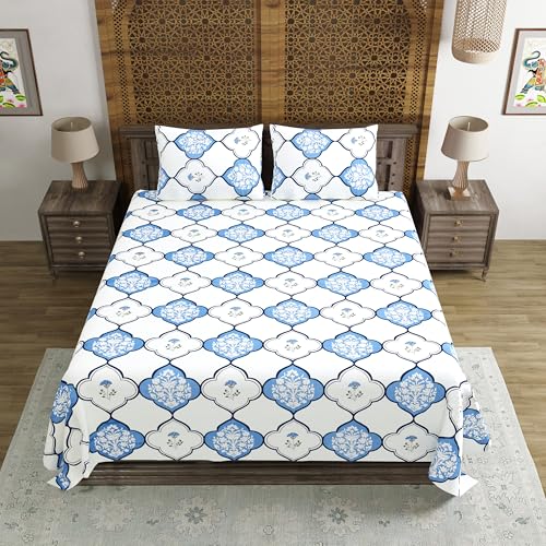 BLOCKS OF INDIA Hand Block Printed 200 TC Cotton King Size Bedsheet | MUGHAL Blue - Image 4
