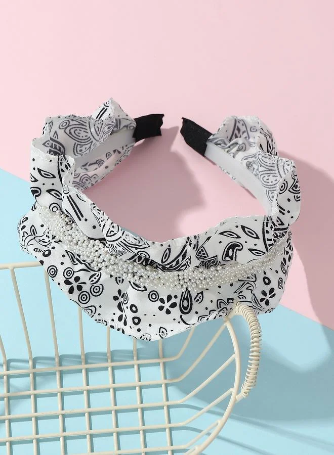 Take Two Girls White Graphic Print Beaded Headband