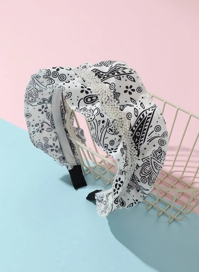 Take Two Girls White Graphic Print Beaded Headband