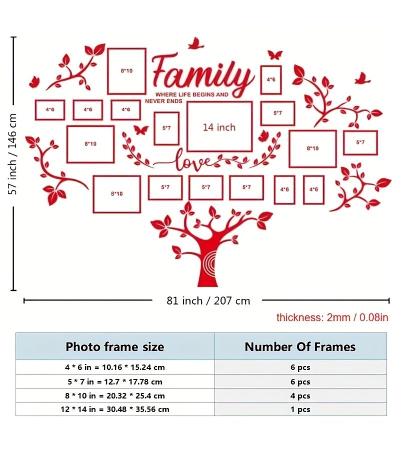 1 Set Creative Photo Frame Combination Photo Tree Black Red 59 06 40 16 Inch Self Adhesive No Drilling 2D Flat DIY Wall Stickers Wall Decoration for Living Room Bedroom - Image 5
