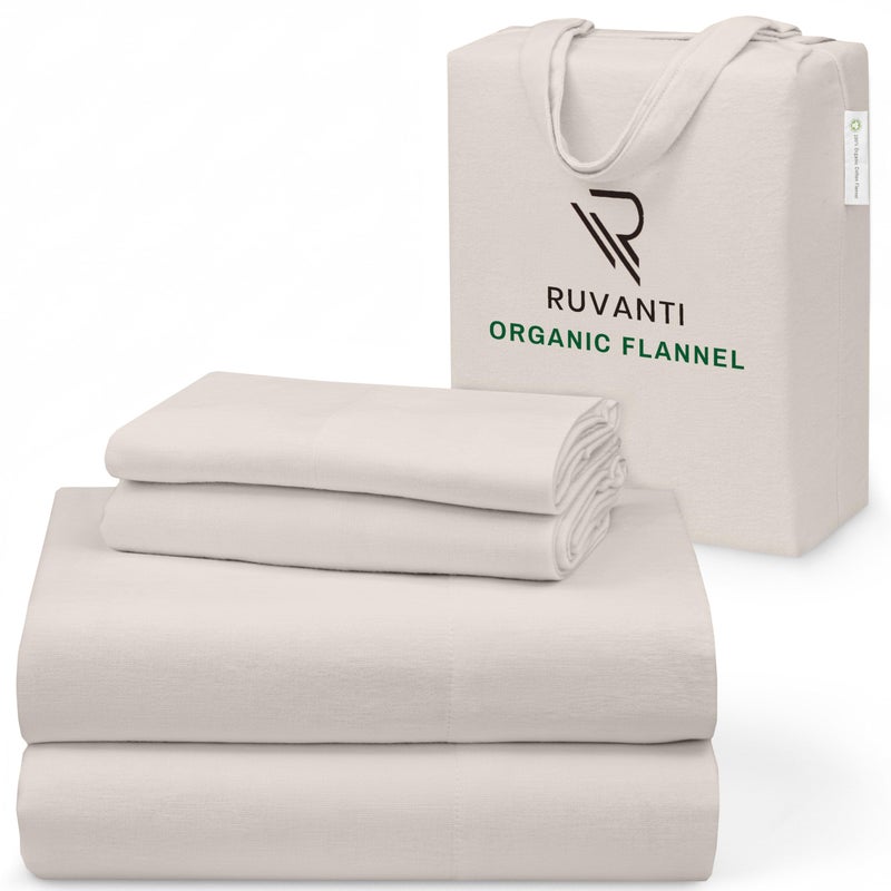 RUVANTI Flannel Sheets Queen Size - GOTS Certified 100% Organic Cotton, 4 Piece Warm, Soft & Breathable Set, Deep Pocket Snug Fit, Double Brushed Cozy All Season Bedding, Natural - Image 1