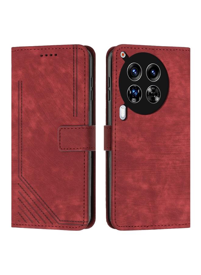 Green Tiger For Tecno Camon 30 Premier Skin Feel Stripe Pattern Leather Phone Case with Long Lanyard(Red)