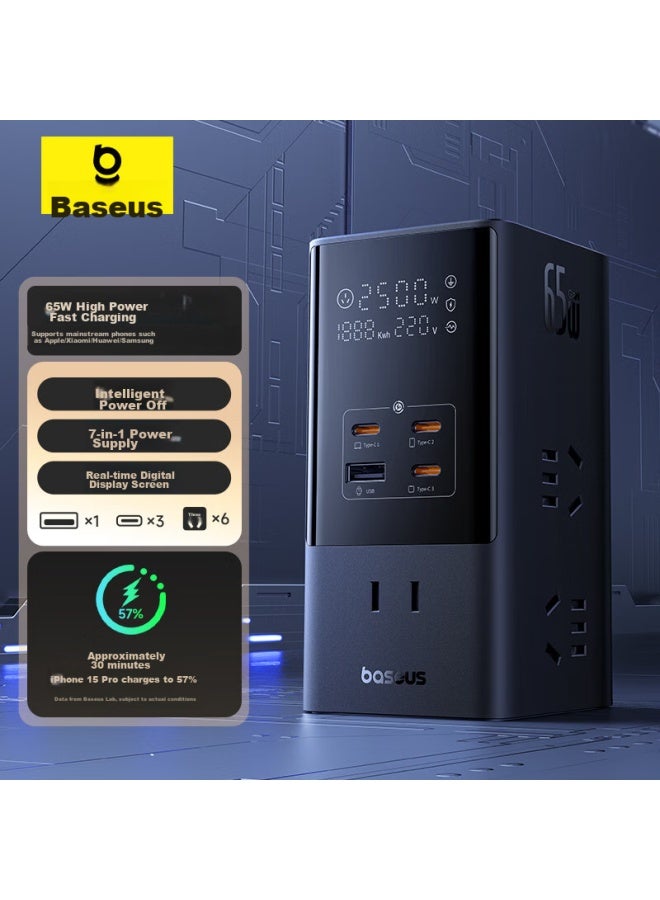 Baseus بيسوس، شريط طاقة عرض رقمي عمودي، شحن سريع 65 واط، مقبس نيتريد الغاليوم، محطة شحن مكتبية، شحن ذكي، شاحن متعدد الوظائف، شريط طاقة مكعب سحري، مقبس مكتبي - Image 1