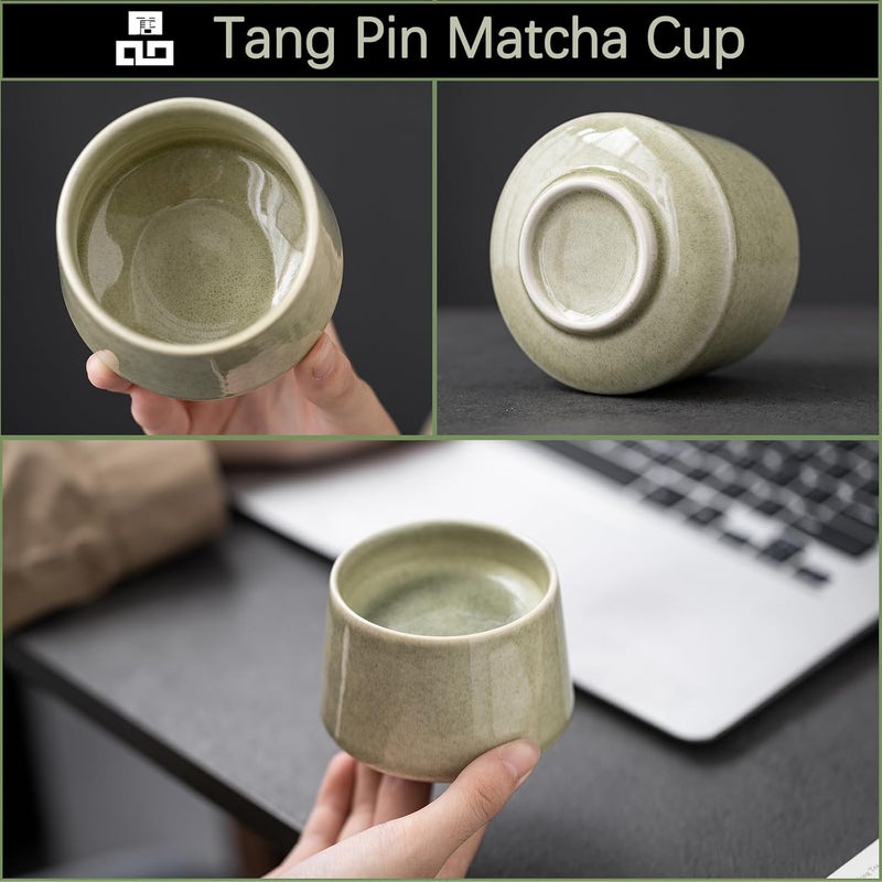 TANG PIN طقم أكواب ماتشا من تانغ بين سيراميك أكواب شاي أكواب ماتشا يابانية أكواب شاي كونغ فو صينية مثالية لماتشا كابتشينو ساكي 68 أونصة مجموعة من 2 لون زجاجة ماتشا فريد - Image 4