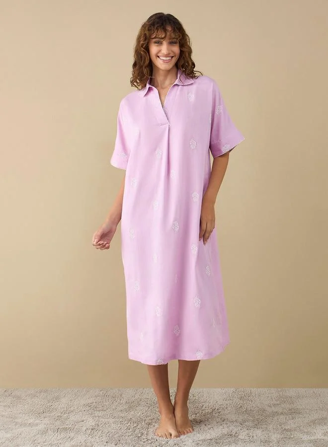Splash FAV Embroidered Sleepshirt with Collar and Short Sleeves