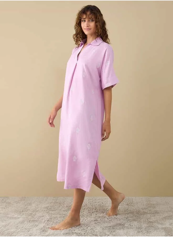 FAV Embroidered Sleepshirt with Collar and Short Sleeves