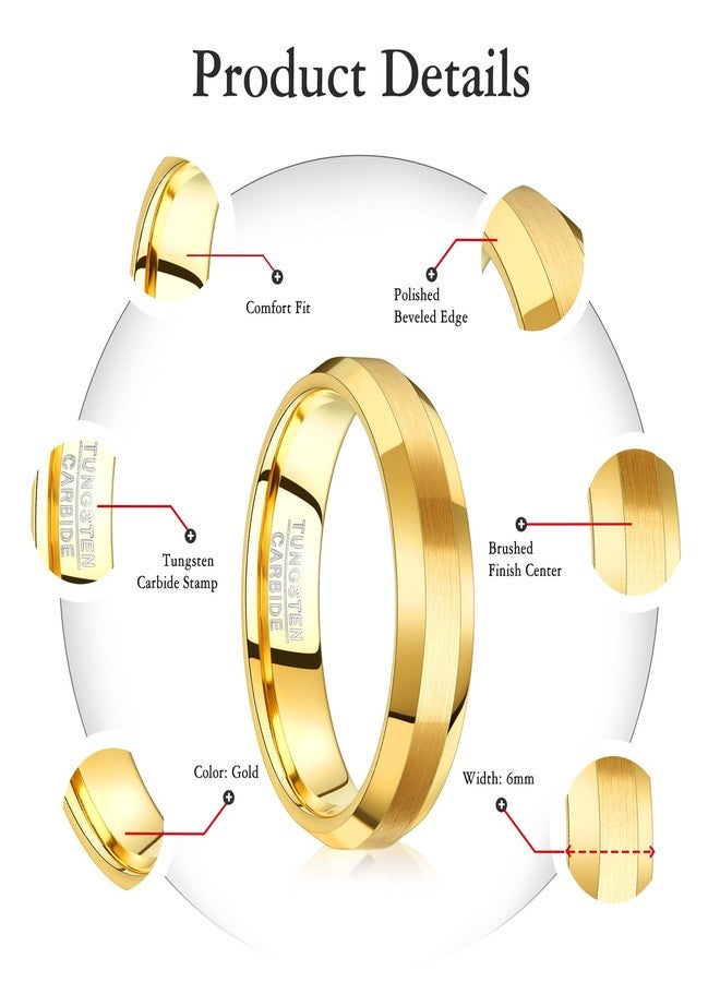 NUNCAD Enhanced Beveled Edges Men's Tungsten Ring Gold 6mm Engagement Band Brushed Finish Center Polished Beveled Edge Comfort Fit Size 7-12 - Image 2
