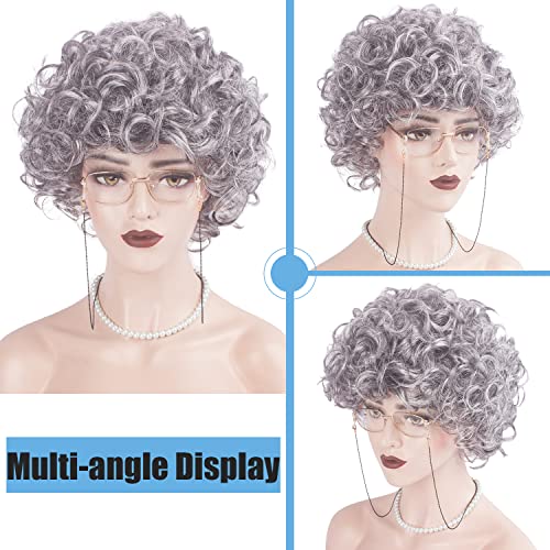WeKen Old Lady Wig Set, Old Lady Costume for Women Girls, Grandma Costume Silver Grey Wig+Granny Glasses+Eyeglass Retainer Chain+Pearl Necklace+Wig Cap (5 Piece) for Halloween Cosplay Dress Up Party - Image 3