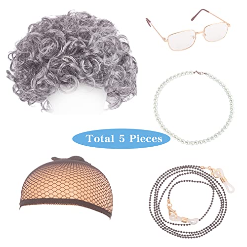 WeKen Old Lady Wig Set, Old Lady Costume for Women Girls, Grandma Costume Silver Grey Wig+Granny Glasses+Eyeglass Retainer Chain+Pearl Necklace+Wig Cap (5 Piece) for Halloween Cosplay Dress Up Party - Image 2