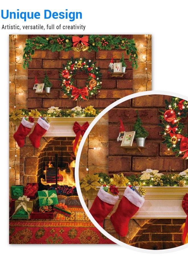 Funnytree 5x7FT Christmas Fireplace Photography Backdrop Rustic Red Brick Wall Background Merry Xmas Eve Party Supplies Decoration Banner Portrait Photo Booth Studio Props - Image 3