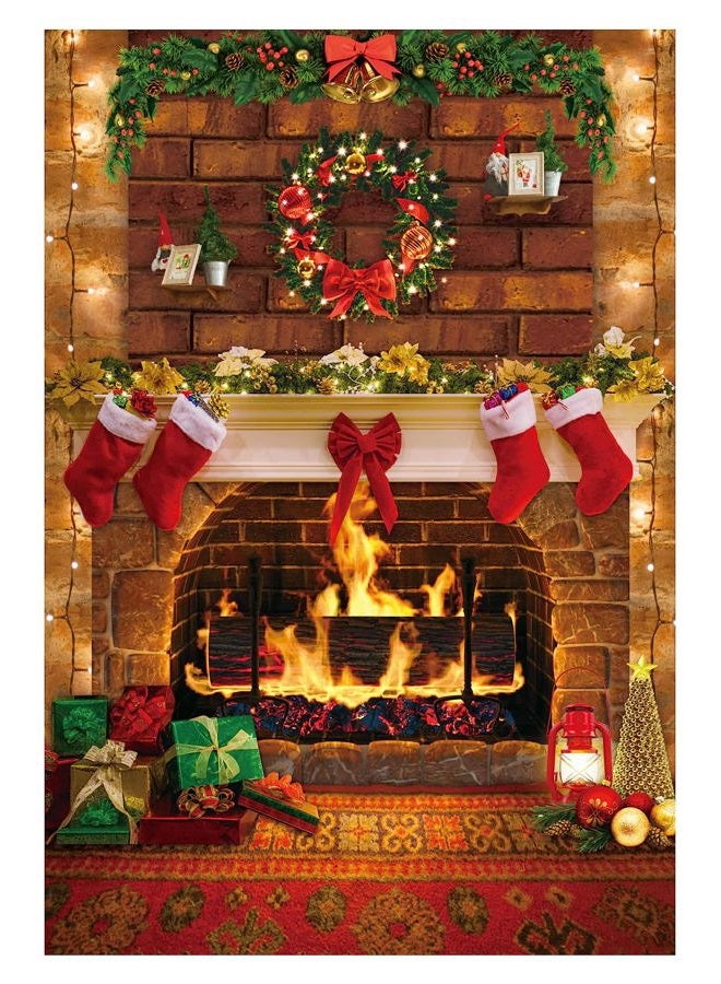 Funnytree 5x7FT Christmas Fireplace Photography Backdrop Rustic Red Brick Wall Background Merry Xmas Eve Party Supplies Decoration Banner Portrait Photo Booth Studio Props - Image 1