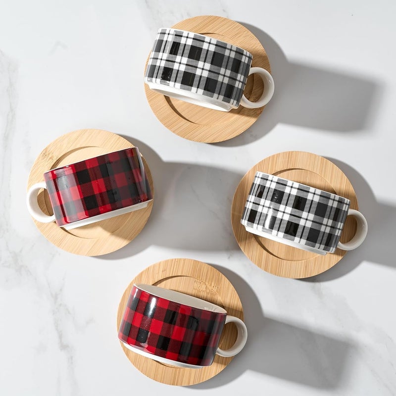 LUKA Porcelain Espresso Cup with Metal Stand6 Ounce Stackable Ceramic Demitasse Espresso Mugs Cappuccino Cups Set for LatteCoffeeCafe MochaTea  Set of 4 Plaid Red  Gray - Image 5