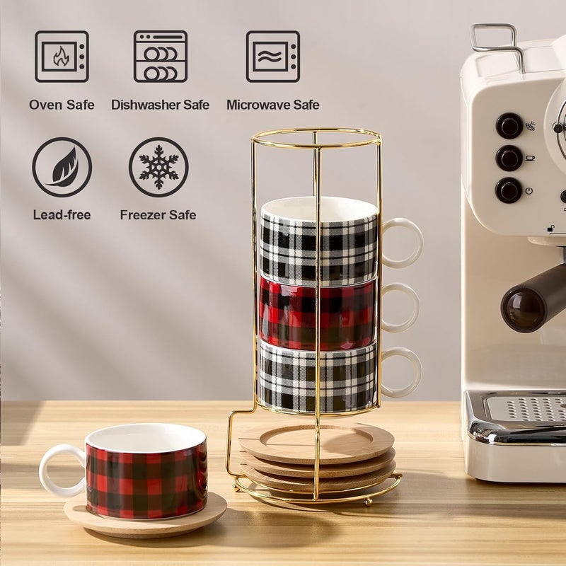 LUKA Porcelain Espresso Cup with Metal Stand6 Ounce Stackable Ceramic Demitasse Espresso Mugs Cappuccino Cups Set for LatteCoffeeCafe MochaTea  Set of 4 Plaid Red  Gray - Image 4