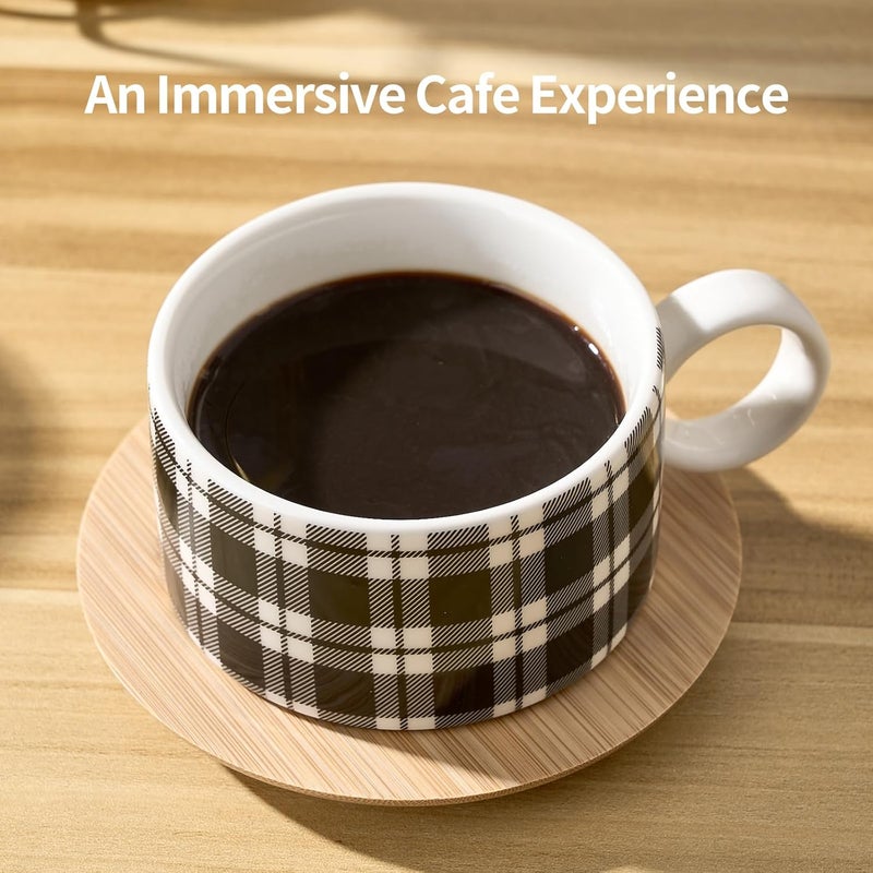 LUKA Porcelain Espresso Cup with Metal Stand6 Ounce Stackable Ceramic Demitasse Espresso Mugs Cappuccino Cups Set for LatteCoffeeCafe MochaTea  Set of 4 Plaid Red  Gray - Image 3