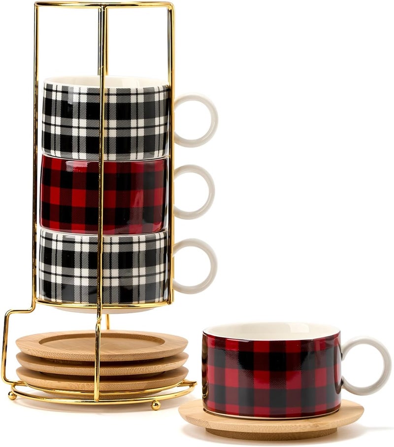 LUKA Porcelain Espresso Cup with Metal Stand6 Ounce Stackable Ceramic Demitasse Espresso Mugs Cappuccino Cups Set for LatteCoffeeCafe MochaTea  Set of 4 Plaid Red  Gray - Image 1