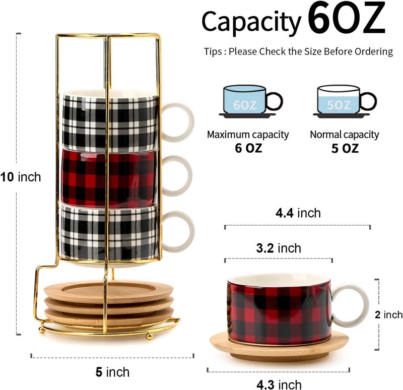 LUKA Porcelain Espresso Cup with Metal Stand6 Ounce Stackable Ceramic Demitasse Espresso Mugs Cappuccino Cups Set for LatteCoffeeCafe MochaTea  Set of 4 Plaid Red  Gray - Image 2