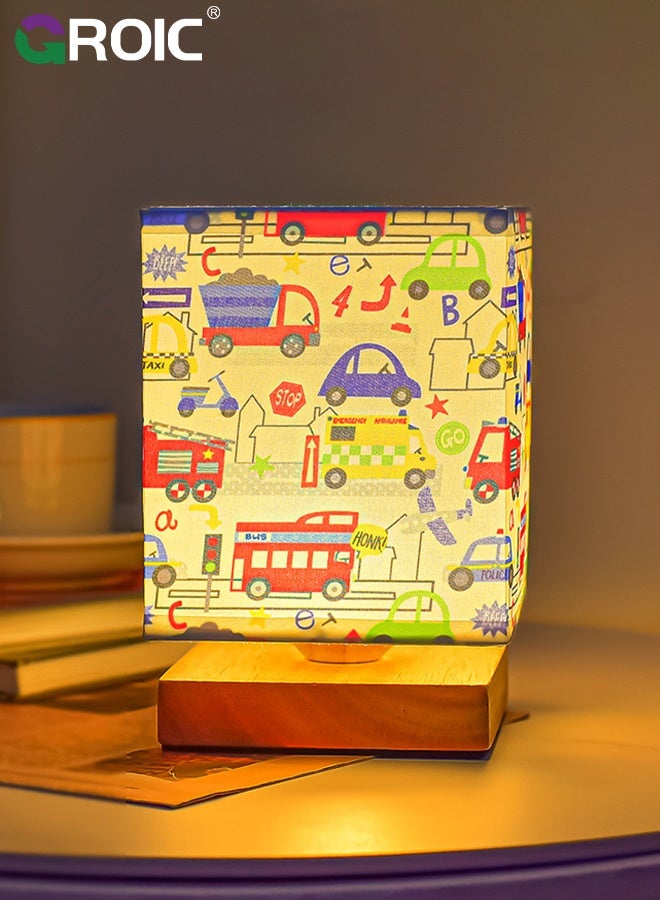 جرويك مصباح المكتب للأطفال، صورة السيارة، قاعدة طاولة جانبية خشبية قابلة للتعتيم بثلاث مستويات، غطاء من القماش الكتاني لغرفة النوم وغرفة المعيشة، هدايا سيارة للأولاد - Image 1