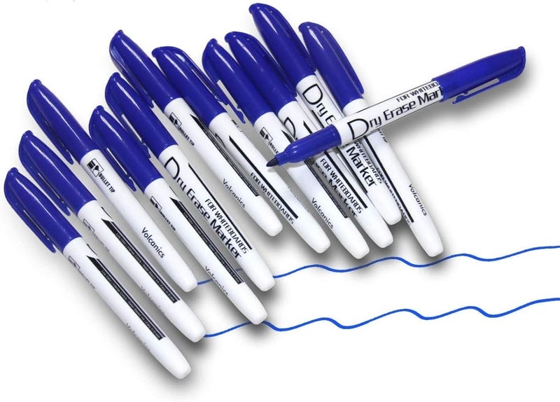 Volcanics Blue Dry Erase Markers Low Odor Fine Whiteboard Markers Thin Box of 12 - Image 1