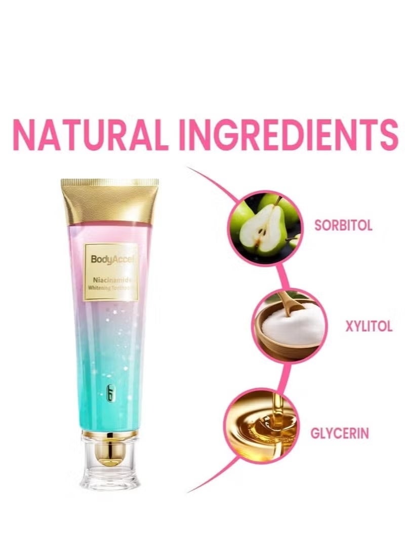 بودي أكسيل عبوة من 2 معجون أسنان مبيض بالنياسيناميد من BodyAccel، معجون أسنان مبيض طبيعي بالنياسيناميد، تركيبة لطيفة لأسنان أكثر إشراقًا ونفس منعش 100 جرام*2 - Image 5