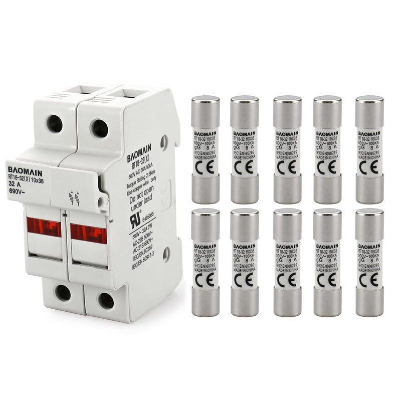 Baomain RT18-32 Fuse Holder Base with 10x8A Ceramic Fuses (10x38mm) – 2 Pole DIN Rail Mount, LED Indicator, CE Certified (8 Amp) - Image 1
