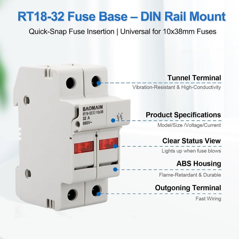 Baomain RT18-32 Fuse Holder Base with 10x8A Ceramic Fuses (10x38mm) – 2 Pole DIN Rail Mount, LED Indicator, CE Certified (8 Amp) - Image 2