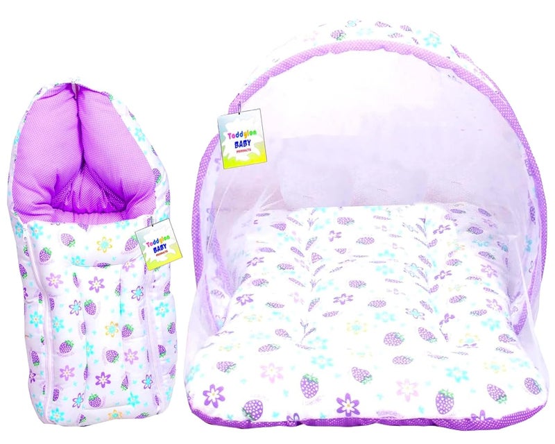 Toddylon Flat Bed Baby Bedding Set New Born Baby Bed|Mattress|Mosquito Net|Carry Bag|Essentials|Carry Bag|Cotton Combo|Infant Beds|Products (0-6 Months) (2Pcs Set),Purple - Image 1