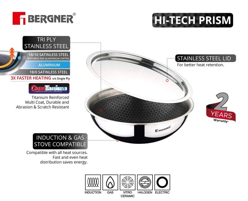 BERGNER BERGNER Hitech Triply Stainless Steel Scratch Resistant Non Stick Tasra/Tasla With Stainless Steel Lid, 20 cm, 1.5 Litres, Induction Base, Food Safe (PFOA Free), 2 Years Warranty, Silver  - Image 3