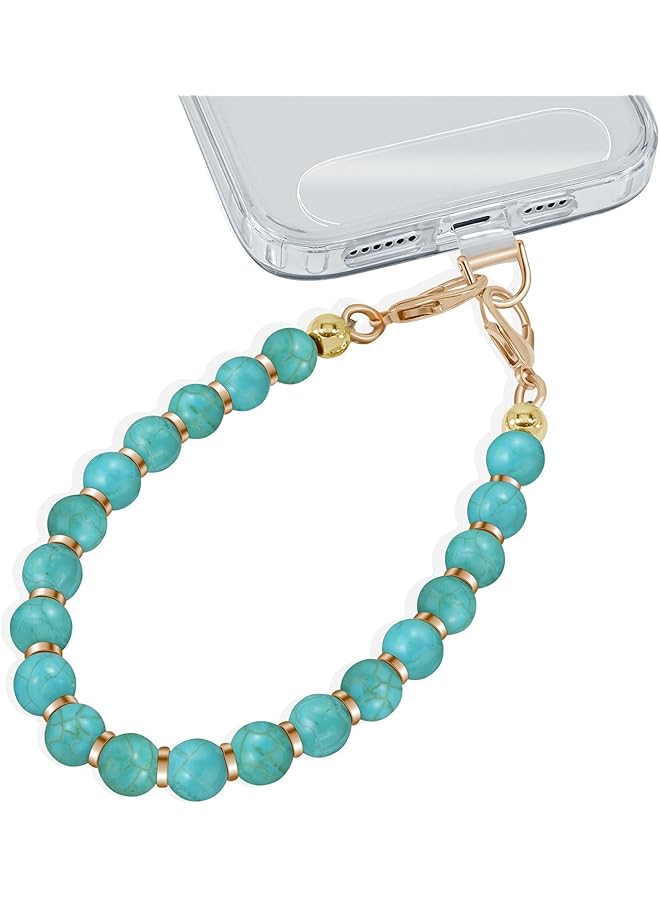 Green Tiger Turquoise Beaded Phone Wrist Strap, 29.8 cm Metal Wire Lanyard, Gold Accents, Detachable Phone Case Charm - Image 1