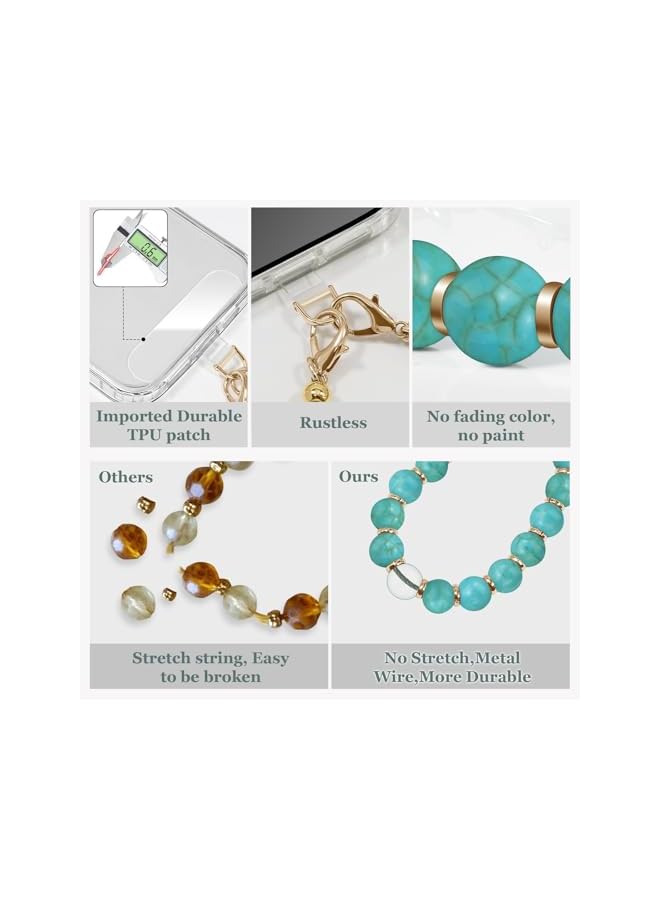 Green Tiger Turquoise Beaded Phone Wrist Strap, 29.8 cm Metal Wire Lanyard, Gold Accents, Detachable Phone Case Charm - Image 2