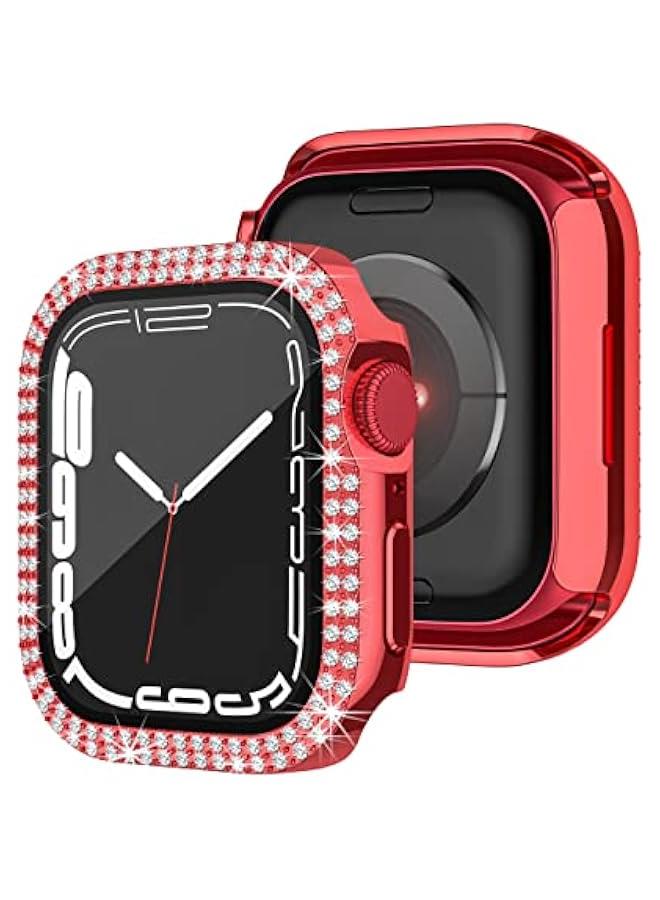 Compatible for Apple Watch Case Built in Tempered Glass Screen Protector 45mm Series 9 8 7 Crystal Diamond Rhinestone Bumper Bling Cases iWatch Protective Cover for Women Girls, Red - Image 5