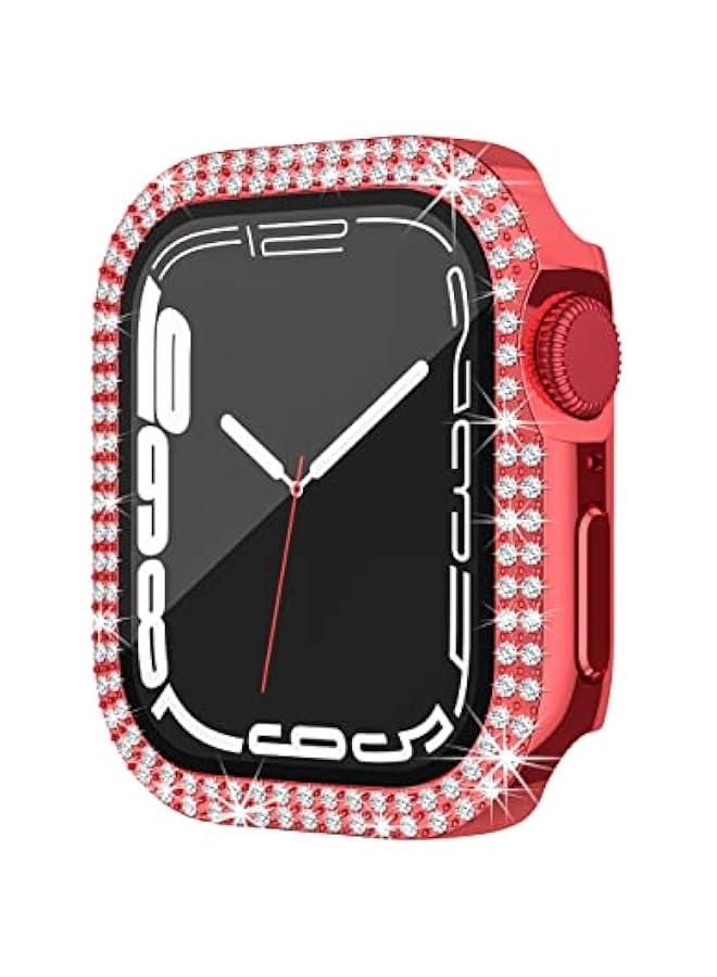 Compatible for Apple Watch Case Built in Tempered Glass Screen Protector 45mm Series 9 8 7 Crystal Diamond Rhinestone Bumper Bling Cases iWatch Protective Cover for Women Girls, Red - Image 2