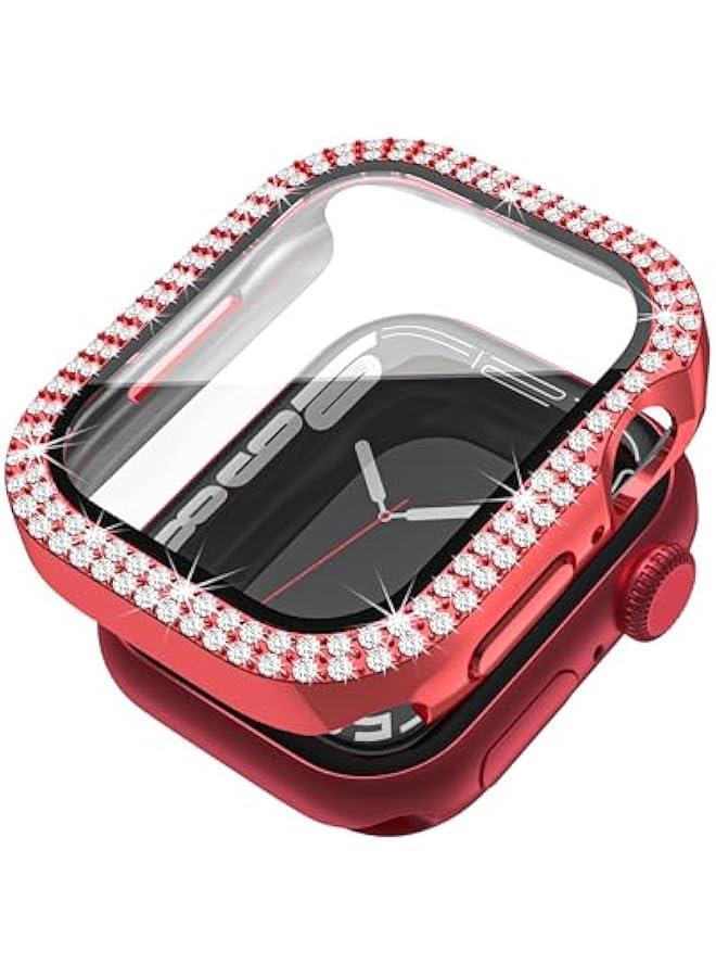 Compatible for Apple Watch Case Built in Tempered Glass Screen Protector 45mm Series 9 8 7 Crystal Diamond Rhinestone Bumper Bling Cases iWatch Protective Cover for Women Girls, Red - Image 1