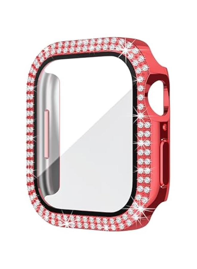 Compatible for Apple Watch Case Built in Tempered Glass Screen Protector 45mm Series 9 8 7 Crystal Diamond Rhinestone Bumper Bling Cases iWatch Protective Cover for Women Girls, Red - Image 4