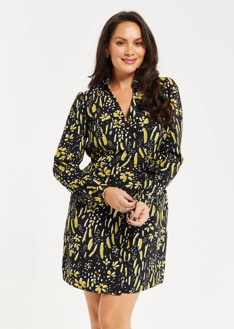 Liquorish Black & Yellow Painterly Mini Dress
