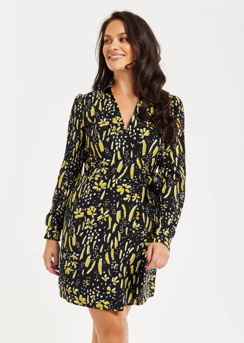 Liquorish Black & Yellow Painterly Mini Dress