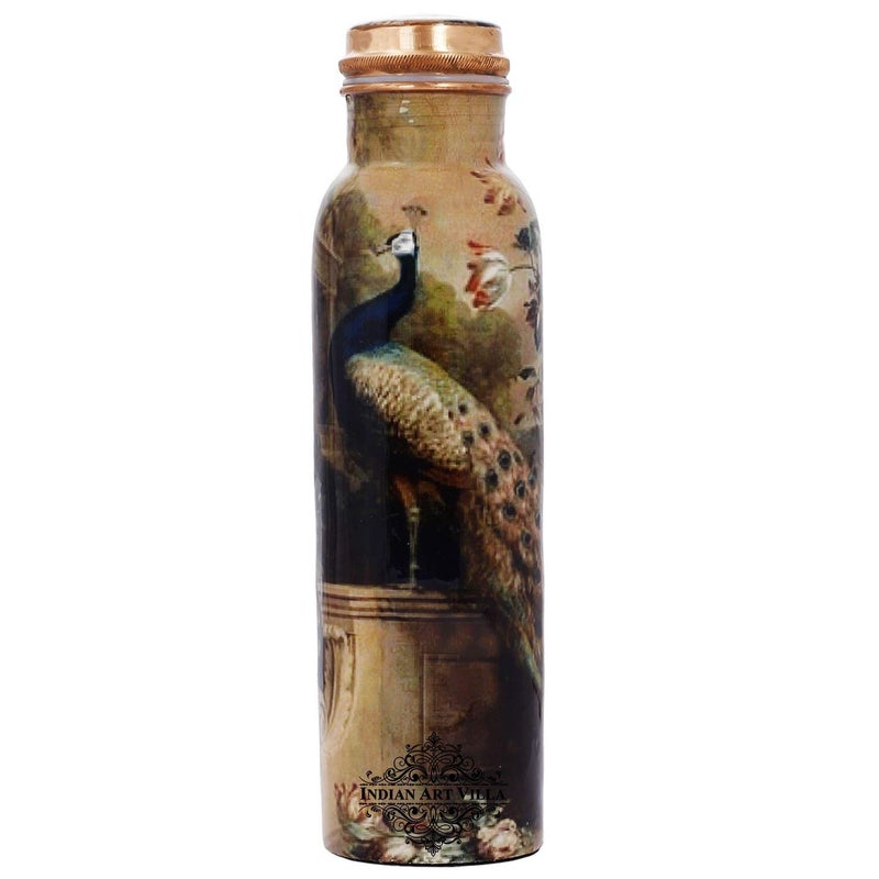 INDIAN ART VILLA INDIAN ART VILLA Pure Copper Water Bottle With Peacock Printed Design Design Drinking Serving Water Yoga Ayurveda Volume1000 ml 