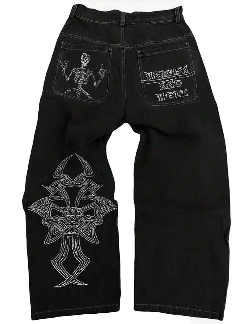 OATSBAS Y2K Beggy Jeans for Women Men Denim Pants Skull Embroidery Gothic Jeans Straight Wide Leg Trouser (Medium,Black-White) - Image 1