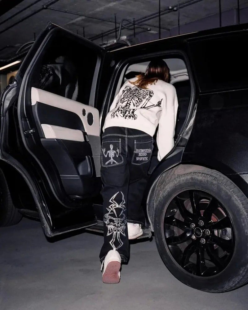 OATSBAS Y2K Beggy Jeans for Women Men Denim Pants Skull Embroidery Gothic Jeans Straight Wide Leg Trouser (Medium,Black-White) - Image 3