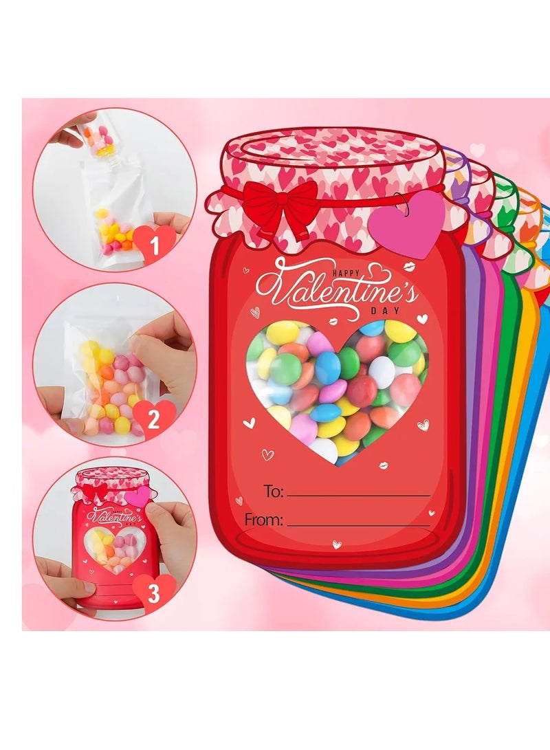 48 Set Valentine's Day Gift Cards for Kids Valentines Candy Holder Card Mason Jars Valentines Exchange Card for Valentine Gift for School Classroom Party Favors (Candy Not Included) - Image 2