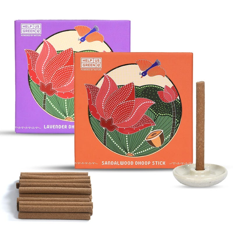 HELP US GREEN HELP US GREEN Fragrance Lavender and Sandalwood Flavour Dhoop Sticks for Pooja 50 pcs Pack of 2 Dhup Batti with Holder Agarbatti Incense Stick Sandal Cones Cup Sambrani 25 SticksPack - Image 1