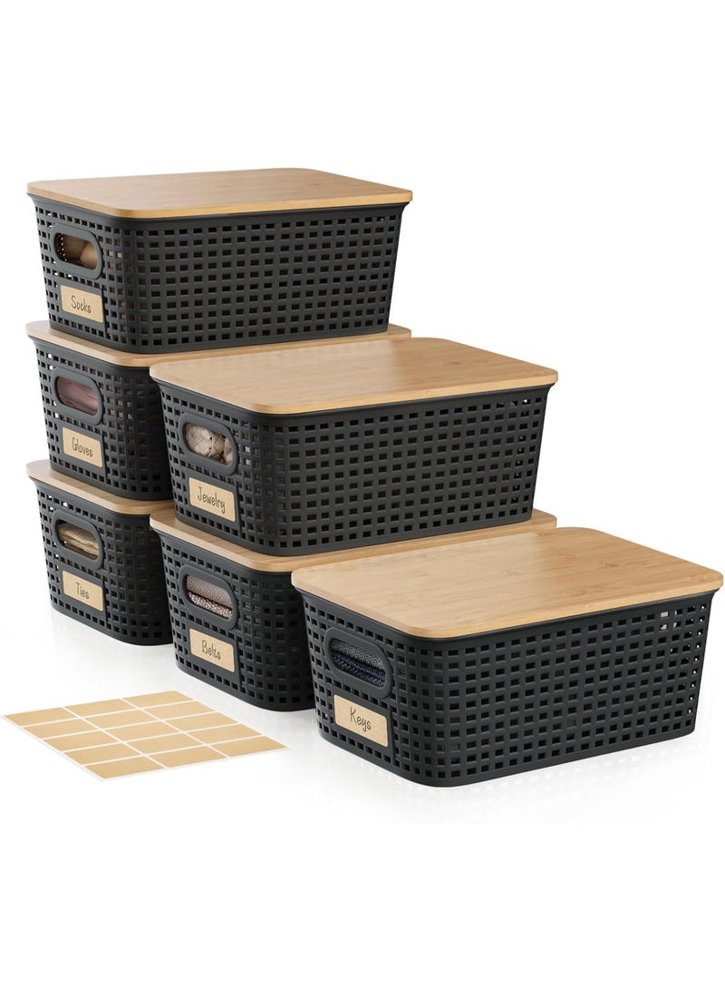 6-Pack Plastic Storage Baskets Set of Stackable Weave Baskets Sturdy Storage Containers with Handle, with Bamboo Lid & Label for Shelves, Desktops, Cabinets, Bedrooms, Office - Image 1