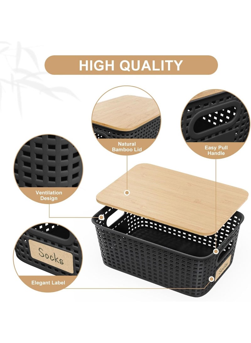 6-Pack Plastic Storage Baskets Set of Stackable Weave Baskets Sturdy Storage Containers with Handle, with Bamboo Lid & Label for Shelves, Desktops, Cabinets, Bedrooms, Office - Image 2