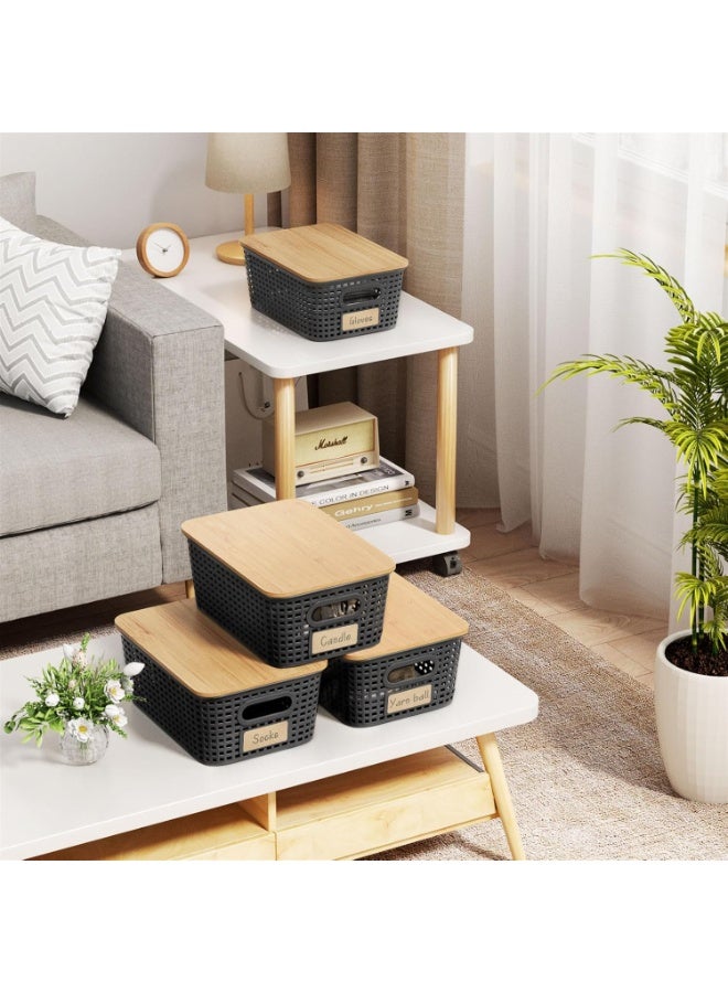 6-Pack Plastic Storage Baskets Set of Stackable Weave Baskets Sturdy Storage Containers with Handle, with Bamboo Lid & Label for Shelves, Desktops, Cabinets, Bedrooms, Office - Image 4