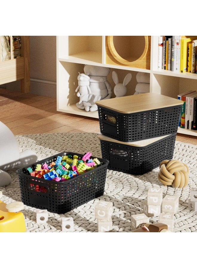 6-Pack Plastic Storage Baskets Set of Stackable Weave Baskets Sturdy Storage Containers with Handle, with Bamboo Lid & Label for Shelves, Desktops, Cabinets, Bedrooms, Office - Image 5