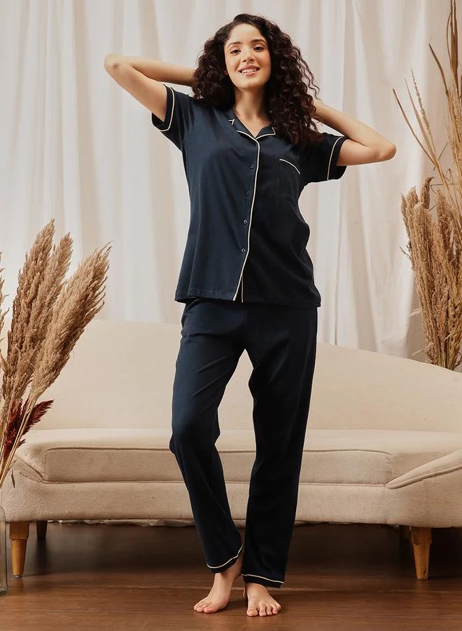 Clovia Navy Blue Solid Cotton Shirt and Pyjama Set