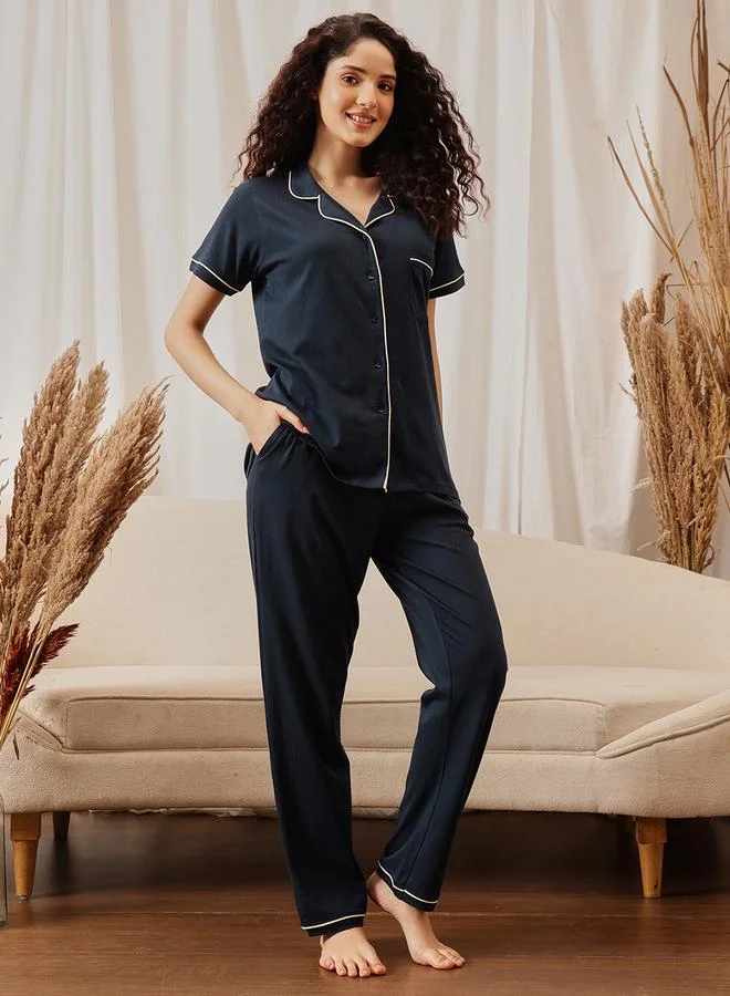 Clovia Navy Blue Solid Cotton Shirt and Pyjama Set